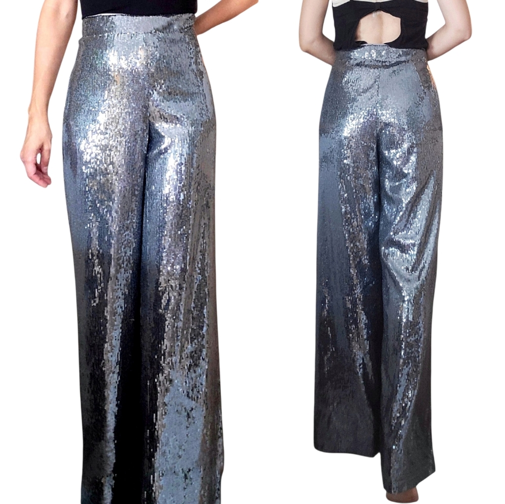 Silver Sequin Women's Pants Wide Leg Sz.10